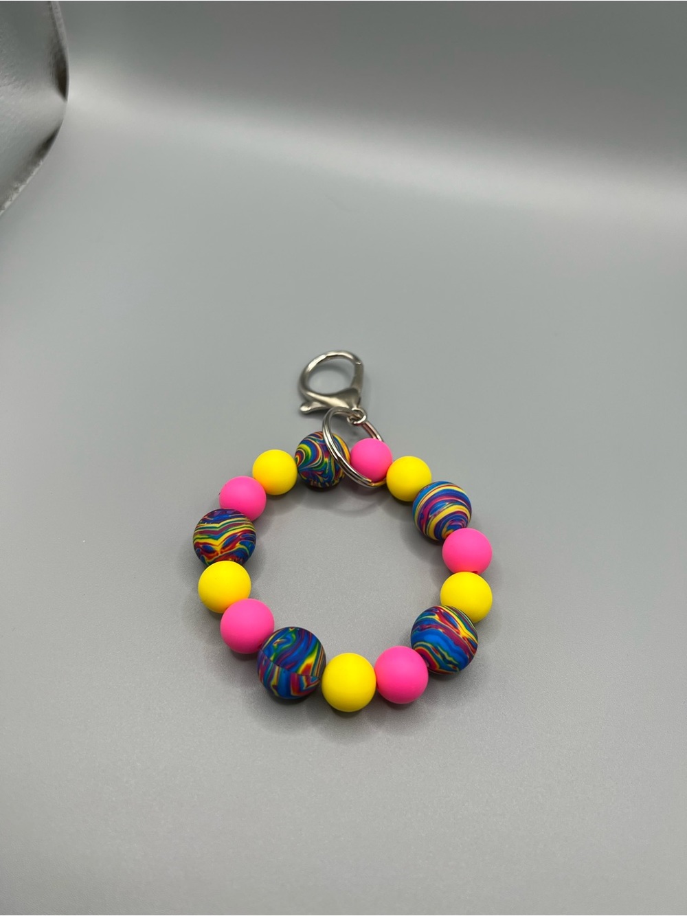 Beaded Keyring Charm - Multicolor Rainbow, Pink & Yellow - Handmade - K0240C